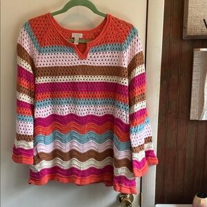 LOGO by Lori Goldstein Multicolor Striped Open-Knit V-Neck Sweater